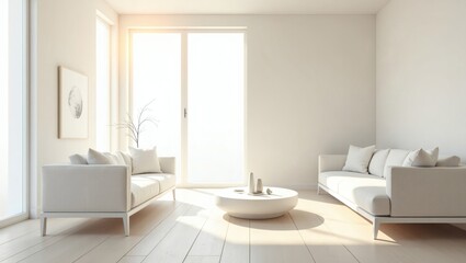 Poster - a contemporary living room with a minimalist design, featuring two elegant sofas, a round coffee table, and large windows that fill the space with natural light