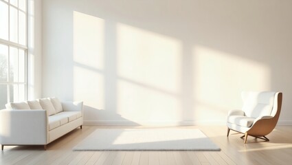 Poster - a bright and airy living room featuring a comfortable sofa and armchair, a rug and large window