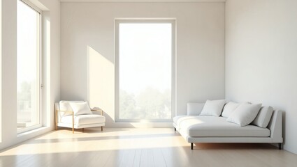 Poster - minimalist interior design with a sofa, armchair, and large windows, allowing natural light to illuminate the space