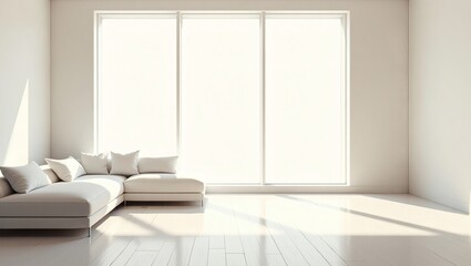 Poster - a bright and airy modern living room with a comfortable sofa, large windows and soft natural light