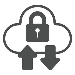 Poster - Cloud with lock and arrows solid icon, data protection concept. Vector graphics. Secure uploading sign on white background, glyph style icon for mobile or web design.