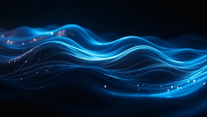 Poster - abstract blue waves with glowing particles, a modern and dynamic design. The flowing lines and luminous details create a sense of movement and energy, making it a visually appealing representation