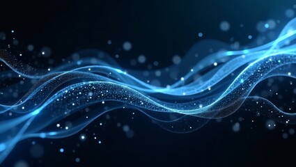 Aufkleber - abstract blue digital flowing waves with sparkling particles on a dark background, creating a sense of movement and energy. The design is perfect for representing data, technology.