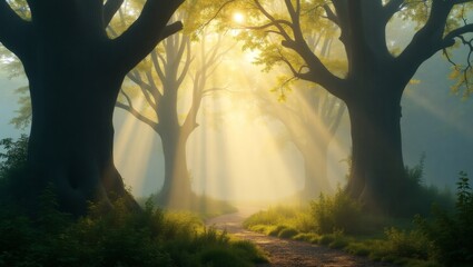 Poster - sunlight filtering through the trees on a forest path, creating a magical and serene atmosphere. The light shines through the trees, illuminating the path
