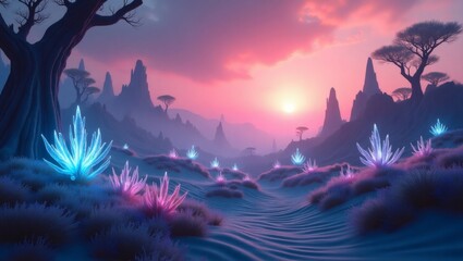 Poster - a surreal landscape featuring glowing crystals and a vibrant sunset sky