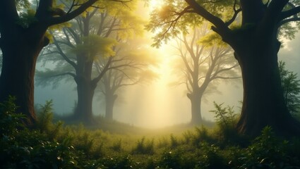 Poster - sunbeams through the forest trees. The trees are tall and majestic, with lush green foliage. The ground is covered in grass and other vegetation