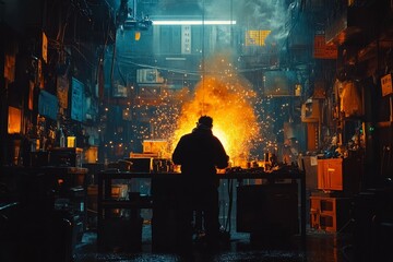 Poster - Craftsman working in a dimly lit workshop creating sparks during a late evening session