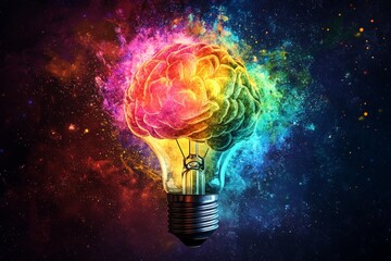 Poster - Colorful brain inside a light bulb represents creativity and innovation with cosmic background