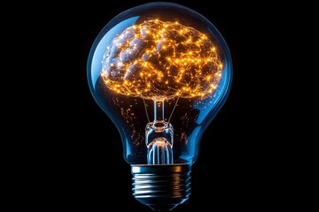 Poster - Light bulb with glowing brain symbolizing creativity and innovation in a dark environment