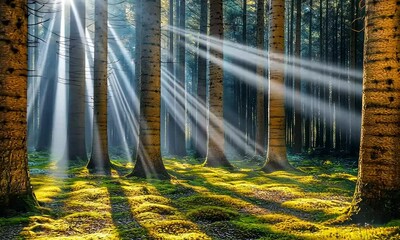 Wall Mural - Sunlight Streaming Through Tall Trees in Serene Forest with Lush Green Moss and Dramatic Light Rays at Early Morning