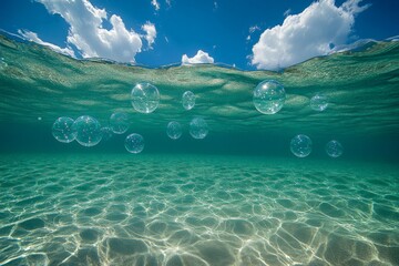 Poster - Bubbles rise gracefully from the ocean floor in a serene underwater landscape under a bright blue sky