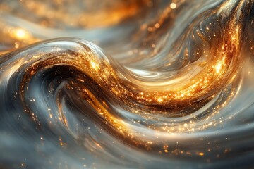 Leinwandbilder - Fluid motion with golden sparkles creating a mesmerizing abstract design in soft tones