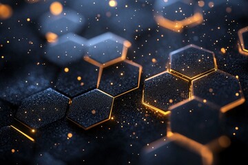 Fototapete - Digital abstract design featuring hexagonal patterns and glowing elements in a dark setting