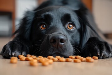 Wall Mural - black dog eagerly waits for treats on a wooden floor in a cozy indoor space