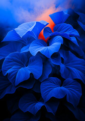 Poster - Minimalist blue leaf silhouettes encircling glowing orange light, misty background evoking ethereal, dreamlike visual experience