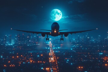 Poster - Aircraft flying over a city at night with a full moon illuminating the skyline and surroundings
