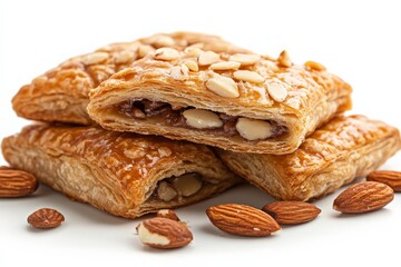 Aufkleber - Delicious almond-filled pastries stacked on a white background with scattered almonds