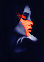 Poster - Woman profile bathed in crimson light, eyes closed, embodying minimalist art style with serene, enigmatic emotional depth and introspective essence