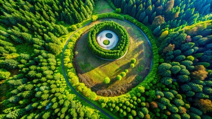 Poster - Aerial View Black and White Yin Yang Symbol, Drone Photography, Harmony Balance Concept