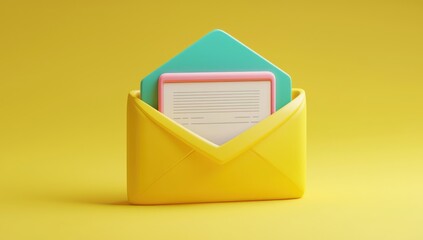 Poster - 3D icon of an email opening, cartoon design, on a yellow background to represent digital communication.