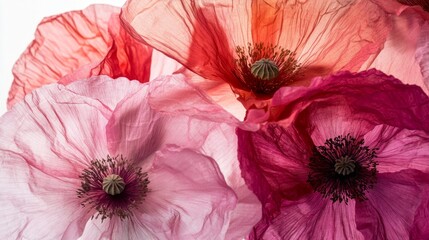 Aufkleber - A collection of delicate poppy flowers displays an enchanting array of pink and red hues, their softly textured petals layered artfully, evoking feelings of beauty and tranquility in the arrangement