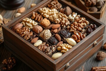 Aufkleber - Delicious assortment of mixed nuts and sweets arranged in a decorative wooden box