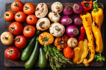 Poster - Colorful assortment of fresh vegetables and fruits arranged on a wooden cutting board in a kitchen setting