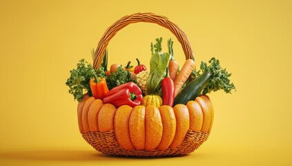 Poster - 3D pumpkin-shaped basket with fresh vegetables, perfect for fall or harvest themes.