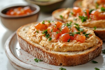 Poster - Delicious homemade hummus toast topped with fresh tomatoes and herbs on a rustic plate