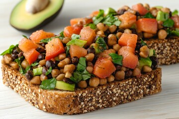 Aufkleber - Delicious healthy toast topped with fresh vegetables and legumes in a bright kitchen setting