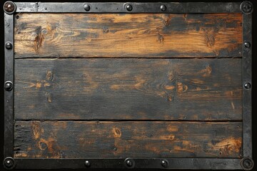 Aufkleber - Weathered wooden surface with nails and dark metal borders reflecting rustic charm in a timeless setting