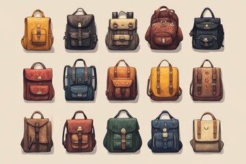 Poster - Variety of vintage backpacks displayed in an artistic arrangement, showcasing unique designs and colors for all ages