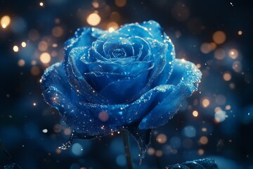 Aufkleber - Blue rose covered in dew glistening under soft light with a magical ambiance