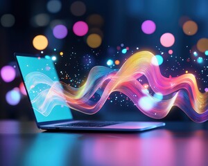 Poster - Colorful data patterns emerging from a laptop.