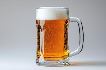 Poster - Refreshing cold beer served in a clear glass mug with a frothy head on a neutral background