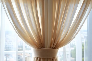 Poster - Soft beige curtains gently draping in a sunlit room with a city view through the window