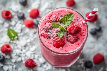 Poster - Refreshing raspberry smoothie topped with mint leaves and chia seeds served in a clear glass with a striped straw