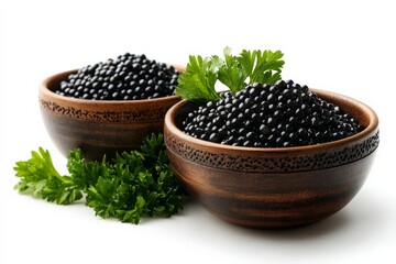 Poster - Black seeds and fresh herbs in wooden bowls displayed attractively on a light background during a culinary session