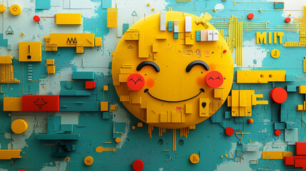 Poster - bright and cheerful abstract design featuring smiling face with geometric shapes