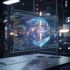 Poster - Futuristic holographic display hovering over a desk.