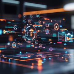 Poster - Futuristic workspace surrounded by floating digital icons.
