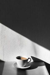 Poster - A delicate white coffee cup sits quietly on a table, illuminated by gentle morning light. Soft shadows create an artistic dance on the wall behind, enhancing the serene atmosphere