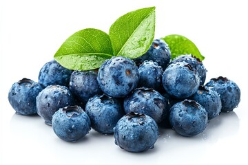Aufkleber - Fresh blueberries with raindrops and green leaves arranged on a white surface
