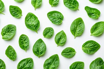 Poster - Fresh green spinach leaves arranged evenly on a white background for culinary use and presentation ideas