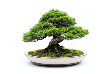 Aufkleber - Bonsai tree with lush green foliage in a decorative pot on a plain background capturing nature's beauty and artistry