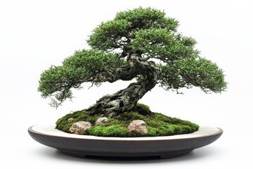 Aufkleber - Mature bonsai tree showcases intricate foliage and textured bark on a decorative pot with moss and stones