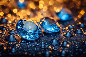 Poster - Glistening blue gems on a textured surface illuminated by warm lights