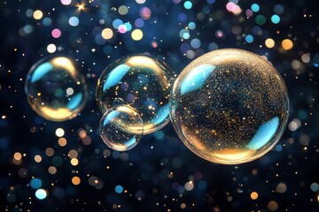 Poster - Colorful soap bubbles floating in a night sky with shimmering lights at a festive celebration