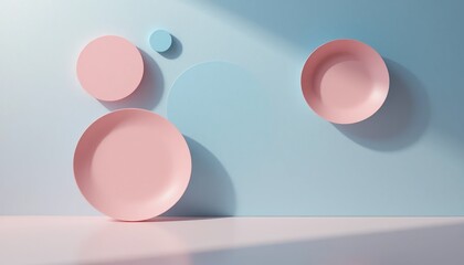 Poster - Dynamic arrangement of colorful plates modern kitchen still life photography minimalistic design side view aesthetic culinary art