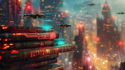 Wall Mural - a stack of futuristic books with a glowing design on them, with flying vehicles and a cityscape in t